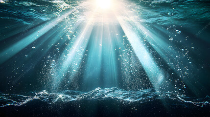 Underwater sunlight with rays and bubbles.