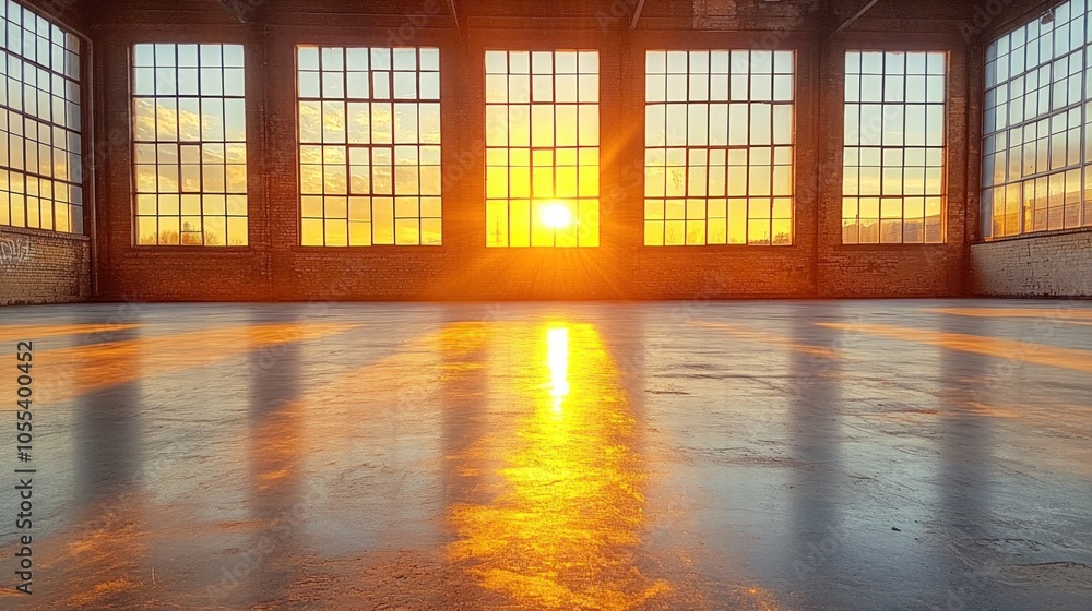 Poster sunset through large windows in an empty brick building