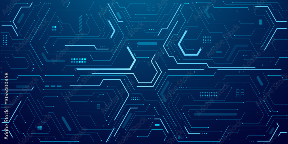 Poster electric light blue circuit board. tech background. ai chip and semiconductor elements on dark blue 