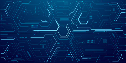 Electric light blue circuit board. Tech background. AI chip and semiconductor elements on dark blue technology bg. Cyber network. Digital concept. Electronics pattern or texture, Vector illustration. 