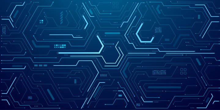 Electric light blue circuit board. Tech background. AI chip and semiconductor elements on dark blue technology bg. Cyber network. Digital concept. Electronics pattern or texture, Vector illustration. 