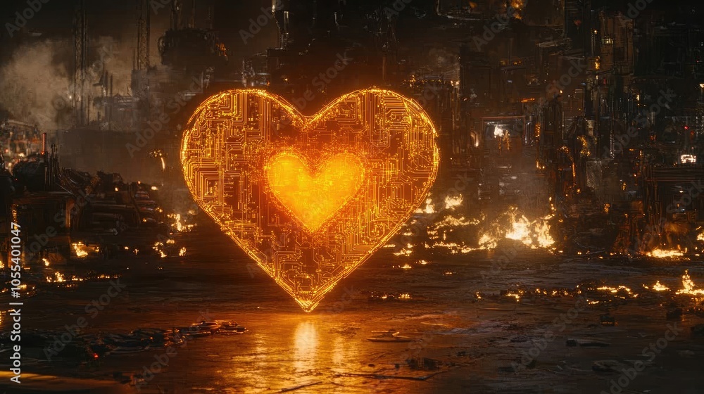 Aufkleber close-up of vibrant heart-shaped circuit design on a dark background, symbolizing tech-driven emotio