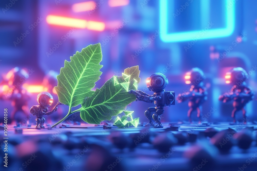 Poster robots analyzing leaf with futuristic glow in neon ambient