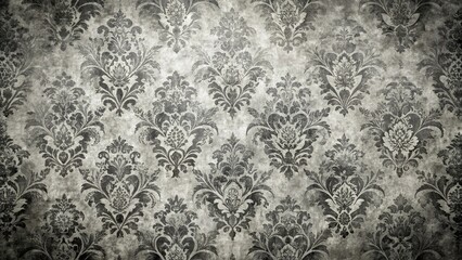 Distressed black and white damask wallpaper with a vintage texture and ornate floral patterns, furniture arrangement, distressed textures, damask pattern, vintage style, eclectic home decor