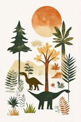 Stylized prehistoric scene with dinosaurs and ancient plants