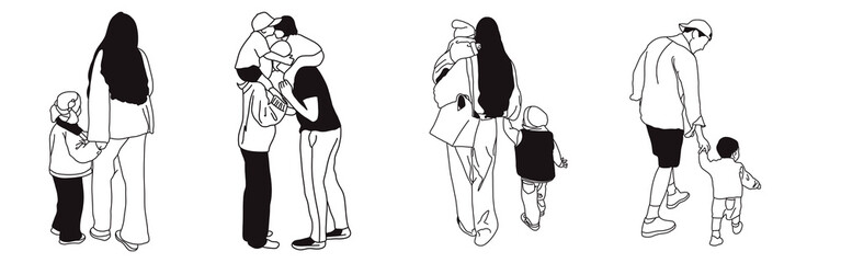 Hand-drawn doodle family icon set. Outline family clipart. Hand-drawn black art.