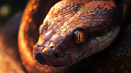 Fototapeta premium Close-up of the head of a brown snake in the sunlight.