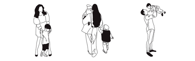 Hand-drawn doodle family icon set. Outline family clipart. Hand-drawn black art.