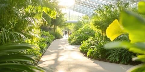 Obraz premium Sunny greenhouse pathway with lush greenery and walking people