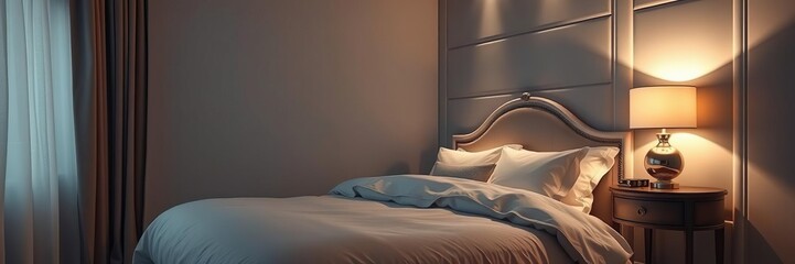 Elegant and serene bedroom interior with plush bedding and soft lighting, plush, interior