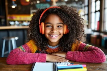 Joyful african american girl engaged in online learning at home with laptop and notebook