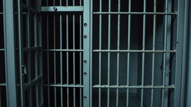 Empty prison cell with iron lattice door and bed, cold, punishment, imprisonment