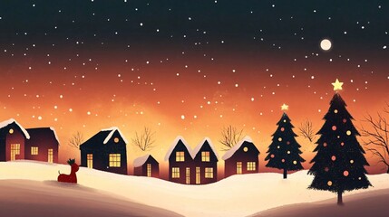 Fototapeta premium Christmas eve snow falling on cozy illuminated houses and decorated christmas trees