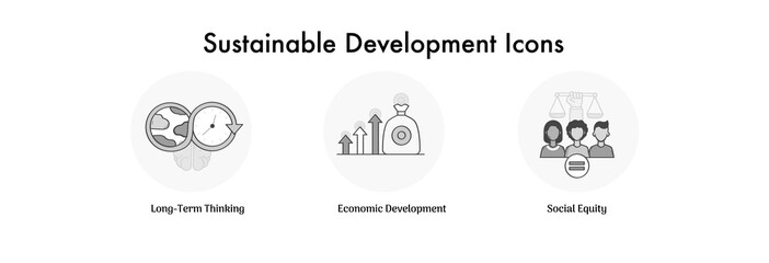 Fototapeta premium Comprehensive Development Icons: Social Equity, Interconnectedness, Long-Term Thinking