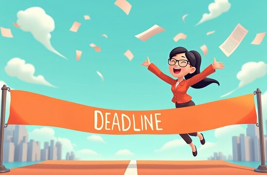 young businesswoman celebrating success reaching deadline ribbon, papers floating around. time management, productivity and efficiency at work, business, entrepreneurship
