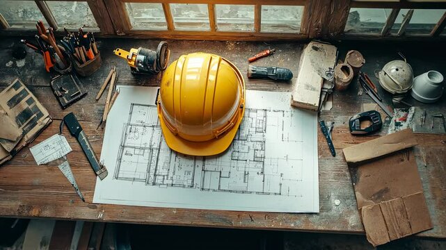 Yellow hard hat on blueprint with tools scattered around.