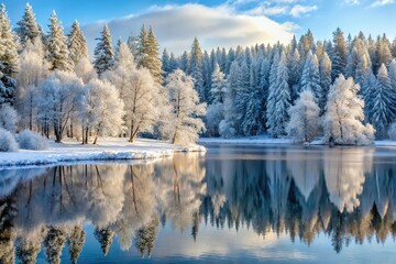 Frosty forest landscape with snow-covered trees and a frozen lake in the background, peaceful, cold weather