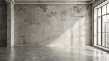 Modern minimalist room interior with empty concrete wall ready for text or design, industrial style living space with bright natural light