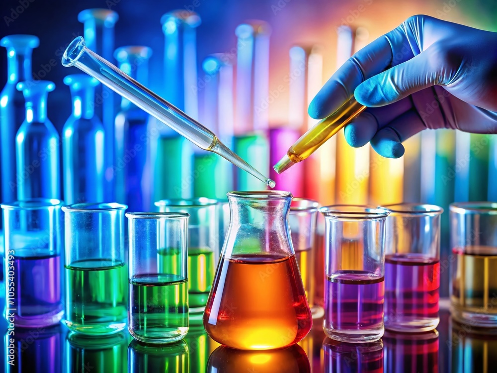 Poster close-up of scientist using pipette in laboratory for liquid transfer