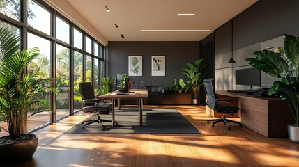 3d render of a modern office interior with stylish furniture, open workspace design, and bright lighting