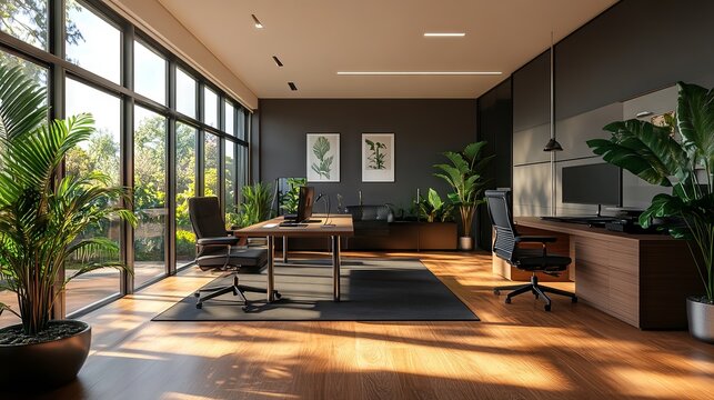 3d render of a modern office interior with stylish furniture, open workspace design, and bright lighting