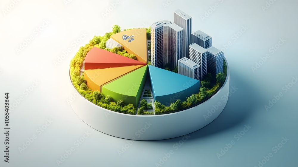 Aufkleber a modern 3d floating pie chart with 7 pieces divided into 65%,13%,7%,5%,5%,3% and 2%. the chart is r