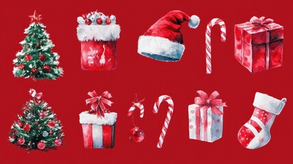 Watercolor Christmas set,Christmas decoration element,Surprise winter holiday realistic objects,Decoration elements for greeting cards banners,Merry Christmas and happy new year greeting concept.