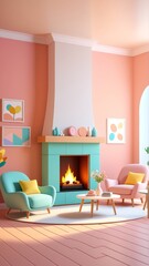Cozy pastel living room with modern fireplace and minimalist decor