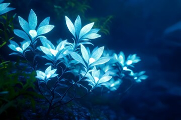 bioluminescent underwater plants glowing in the deep sea, illuminating the dark ocean depths