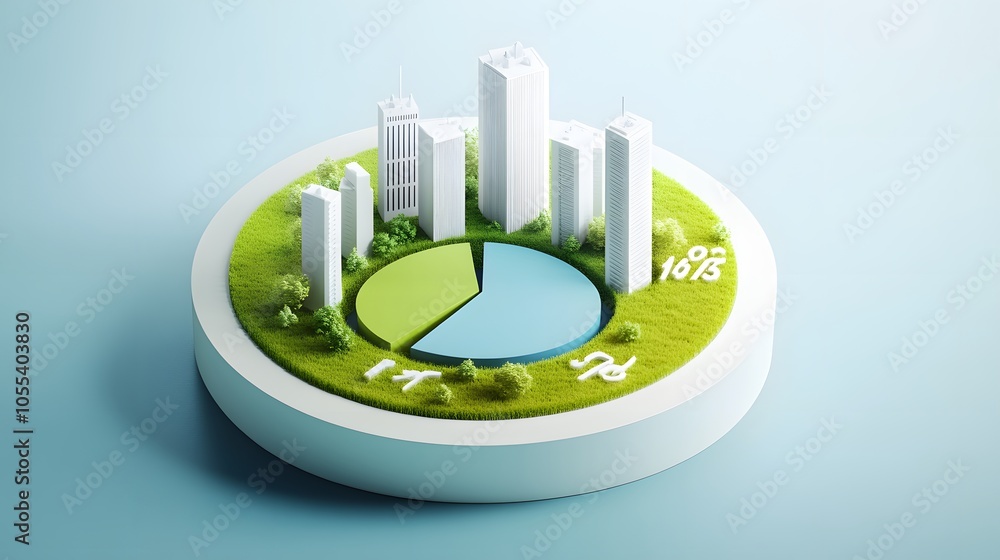 Poster a modern 3d floating pie chart with 7 pieces divided into 65%,13%,7%,5%,5%,3% and 2%. the chart is r