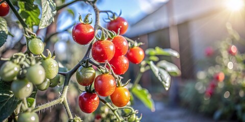 Obraz premium Close-Up of Vibrant Red Mini Tomatoes in Autumn Garden for Fresh Produce and Nature Lovers