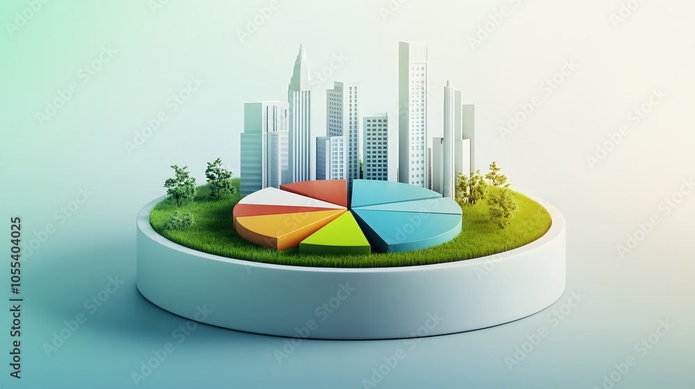 Poster a modern 3d floating pie chart with 7 pieces divided into 65%,13%,7%,5%,5%,3% and 2%. the chart is r