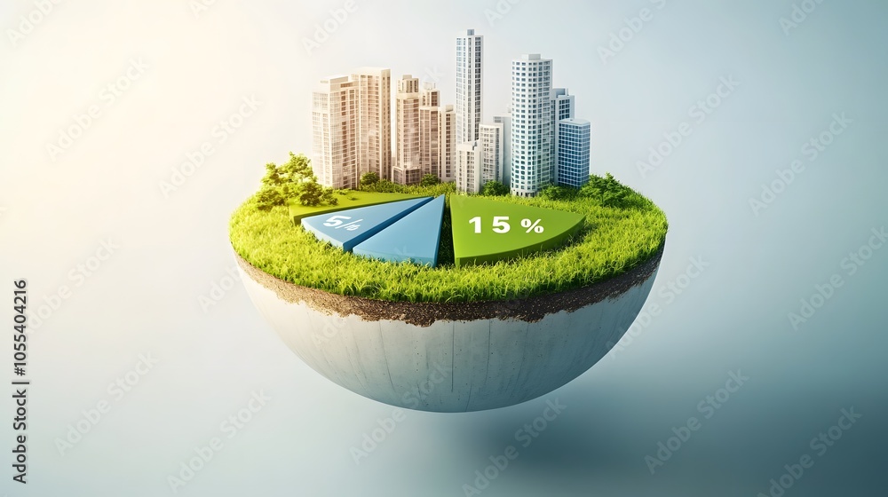 Poster a modern 3d floating pie chart with 7 pieces divided into 65%,13%,7%,5%,5%,3% and 2%. the chart is r