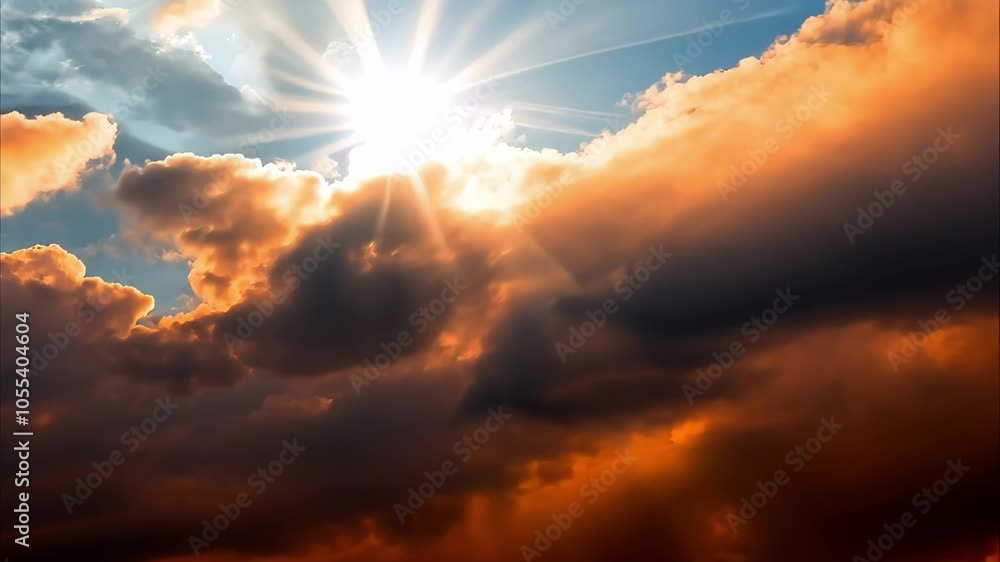 Poster a dramatic sky with clouds and rays of sunlight beaming through, creating a serene and uplifting atm