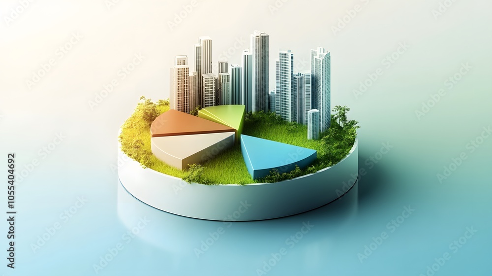 Poster a modern 3d floating pie chart with 7 pieces divided into 65%,13%,7%,5%,5%,3% and 2%. the chart is r