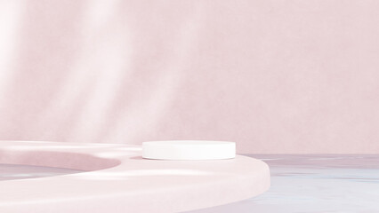 Background featuring an empty product display mockup with a pink backdrop and abstract geometric platforms designed for showcasing merchandise in landscape orientation.