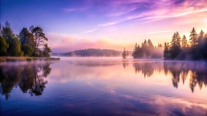 Fototapeta premium Lavender-colored mist rising from a serene lake on a misty morning, tranquil, lavender, morning, serene