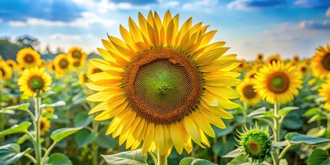 Large sunflower plant with multiple blooms and seed heads growing out of the center, garden, stem, leaves