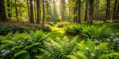 lush greenery surrounded by ferns and wildflowers in a forest environment, botanical, vines, plant life, leaves, ferns