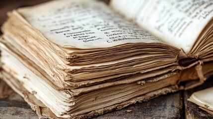 Old, worn book with yellowed pages and handwritten notes, resting on a rustic table.
