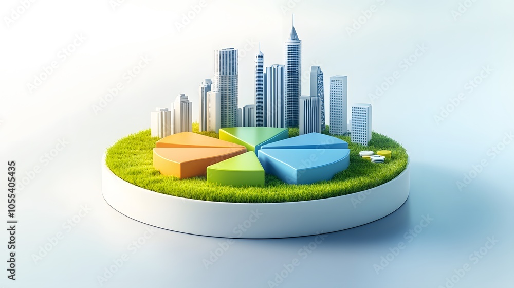 Poster a modern 3d floating pie chart with 7 pieces divided into 65%,13%,7%,5%,5%,3% and 2%. the chart is r