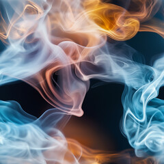 Fiery orange and blue smoke trail on dark background, abstract pattern
