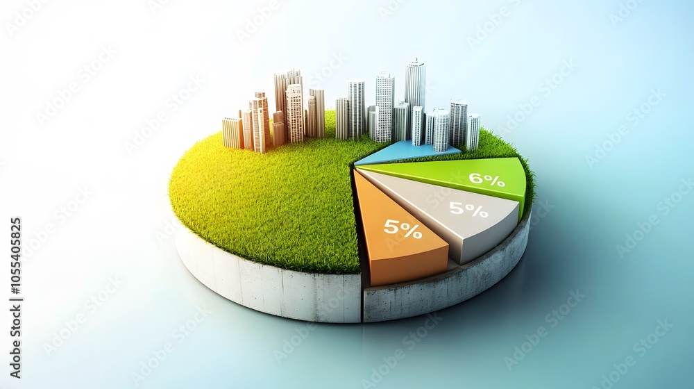 Poster a modern 3d floating pie chart with 7 pieces divided into 65%,13%,7%,5%,5%,3% and 2%. the chart is r