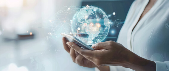 Digital connectivity and global communication concept with smartphone and holographic world map. Banner, copy space