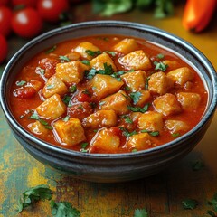 A Bowl of Stewed Potatoes in a Rich Tomato Sauce with Fresh Parsley