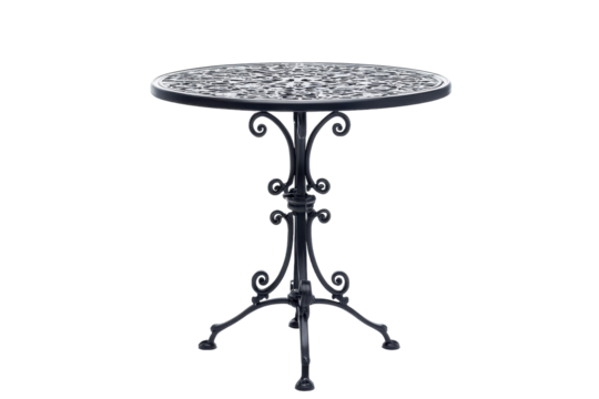 Elegant black wrought iron table with intricate design perfect for outdoor dining spaces