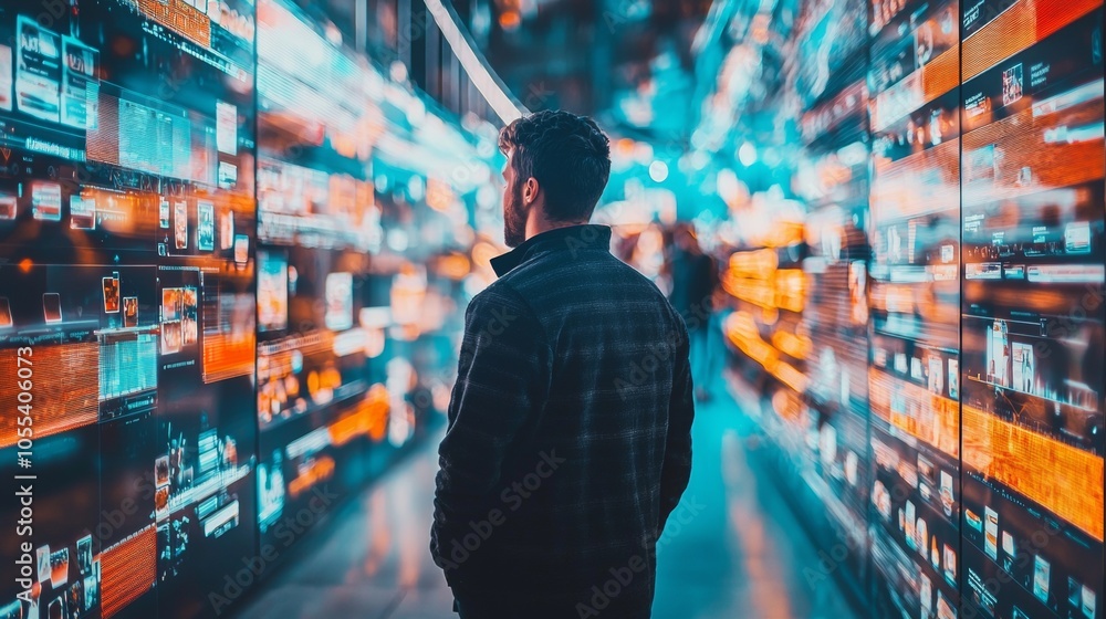 Poster man walking through a futuristic digital environment with glowing data displays
