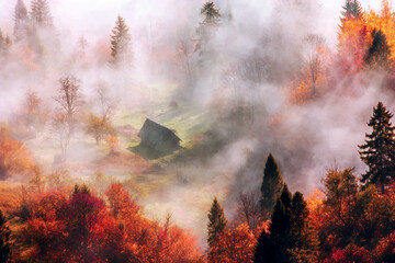foggy autumn scenery in mountains, autumn morning dawn, nature colorful background, Carpathians...