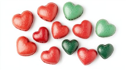 Obraz premium French Christmas heart macaroons isolated on white background. Pastry shop card with copy spacefrench macaroons,Paris Pastry,bakery and branding christmas day,holiday concept,copy space.
