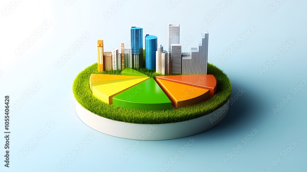 Poster a modern 3d floating pie chart with 7 pieces divided into 65%,13%,7%,5%,5%,3% and 2%. the chart is r